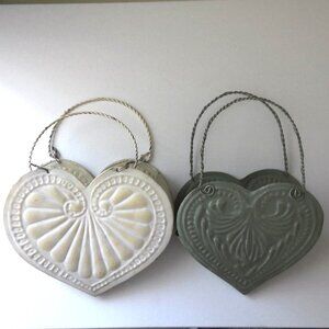 Shabby Chic Distressed Metal Hearts Hanging Decor Lot of 2 Sage Green Off White